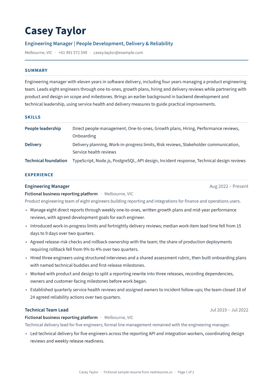 Engineering manager — product team resume example: first page of the fictional NextResume PDF sample