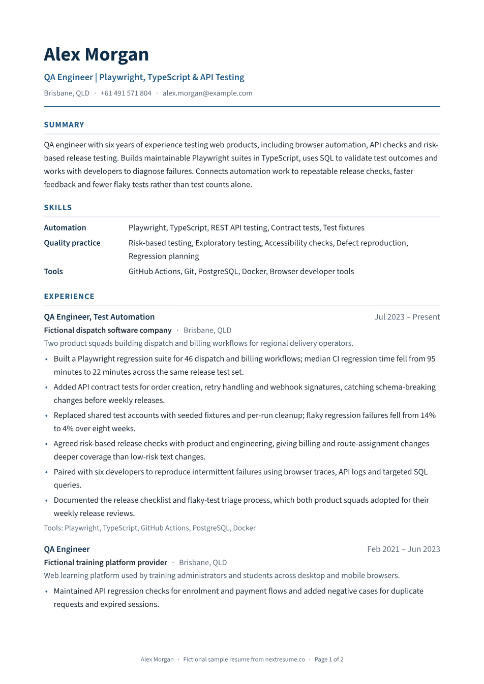 QA engineer — test automation resume example: first page of the fictional NextResume PDF sample